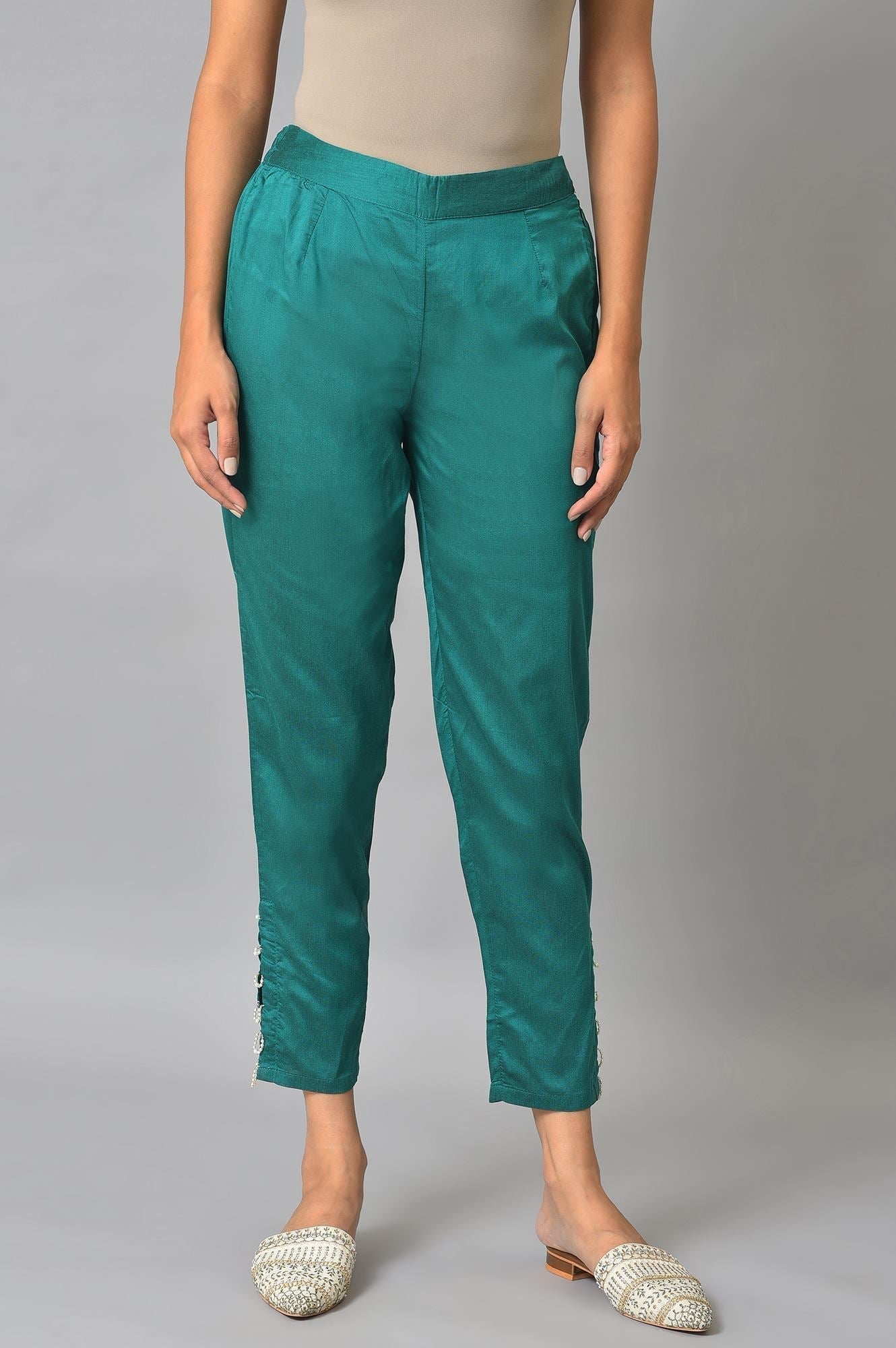 W for Woman Green Thread Embroidery A-line Kurta and Slim Pant Set