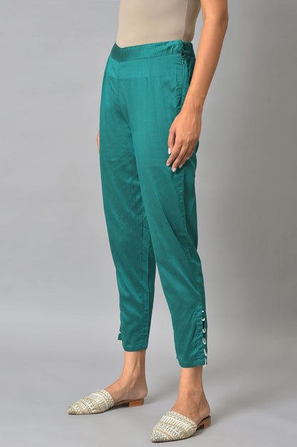 W for Woman Green Solid Printed Straight Kurta with Slim Pant Set