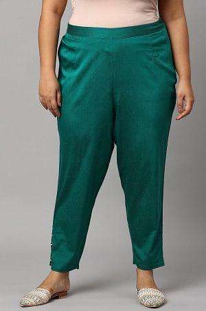 W for Woman Dark Green Solid Light Festive Plus Size Slim Pants
