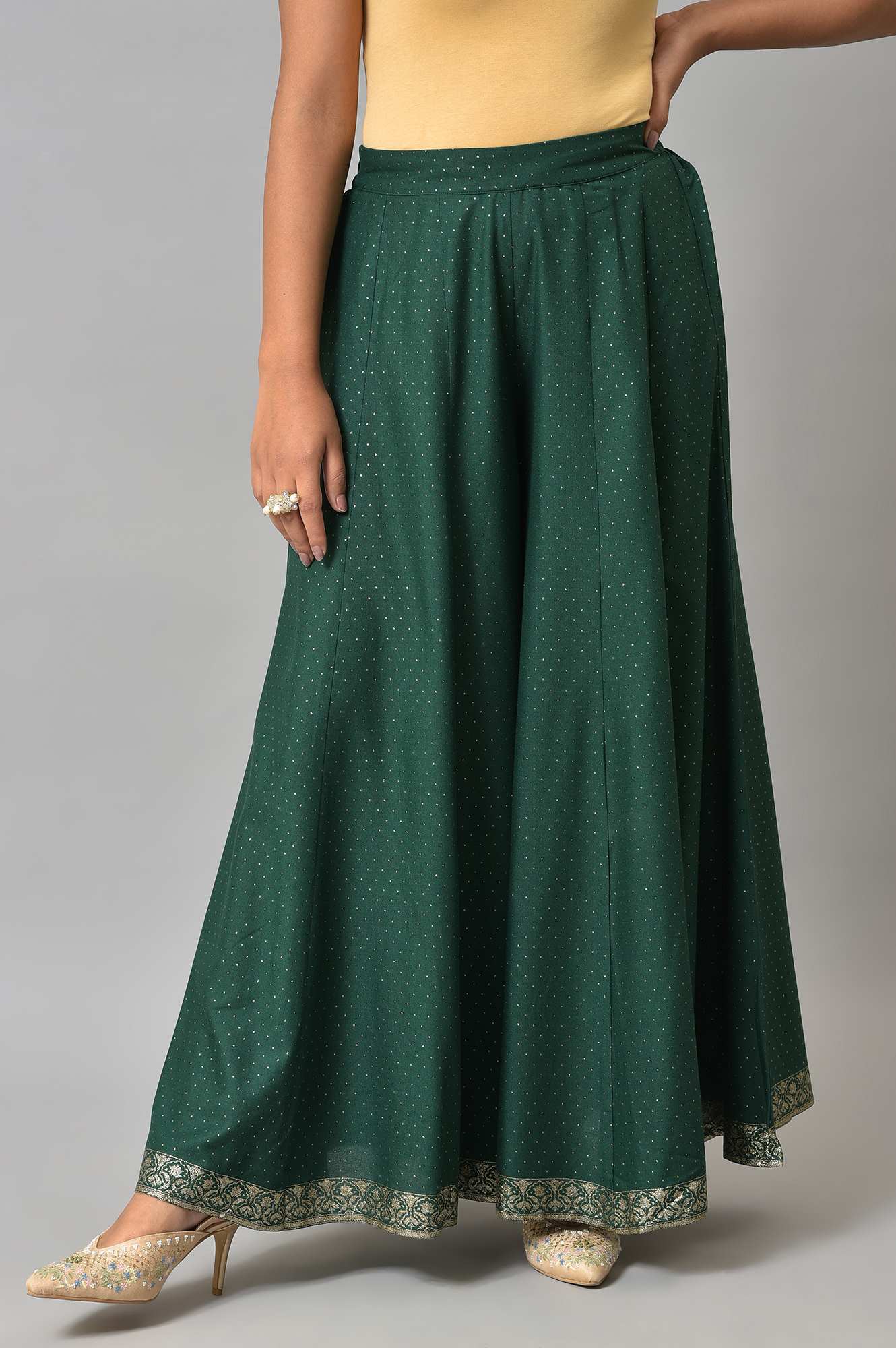 W for Woman Leaf Green Glitter Printed Culottes