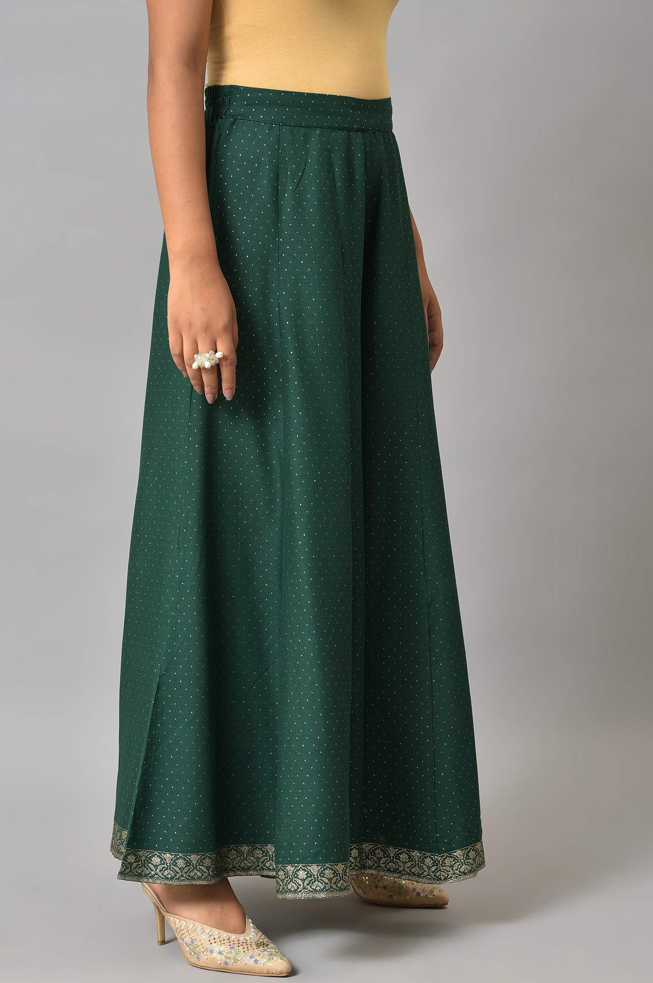 W for Woman Leaf Green Glitter Printed Culottes