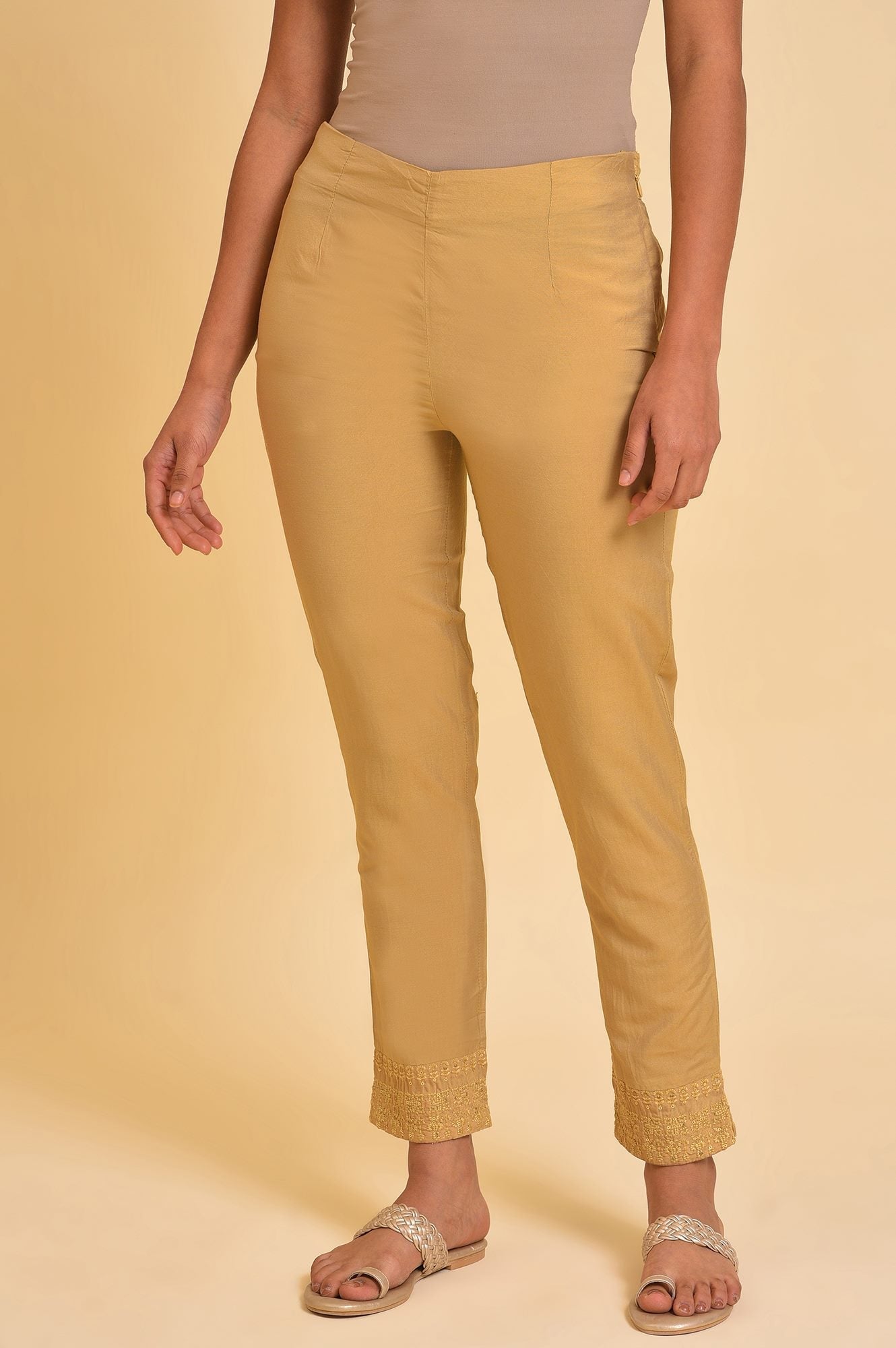 W for Woman Gold Solid Light Festive Plus Size Slim Pants