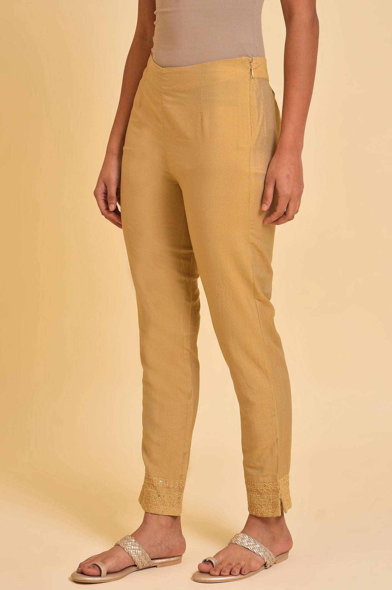 W for Woman Gold Solid Light Festive Slim Pants