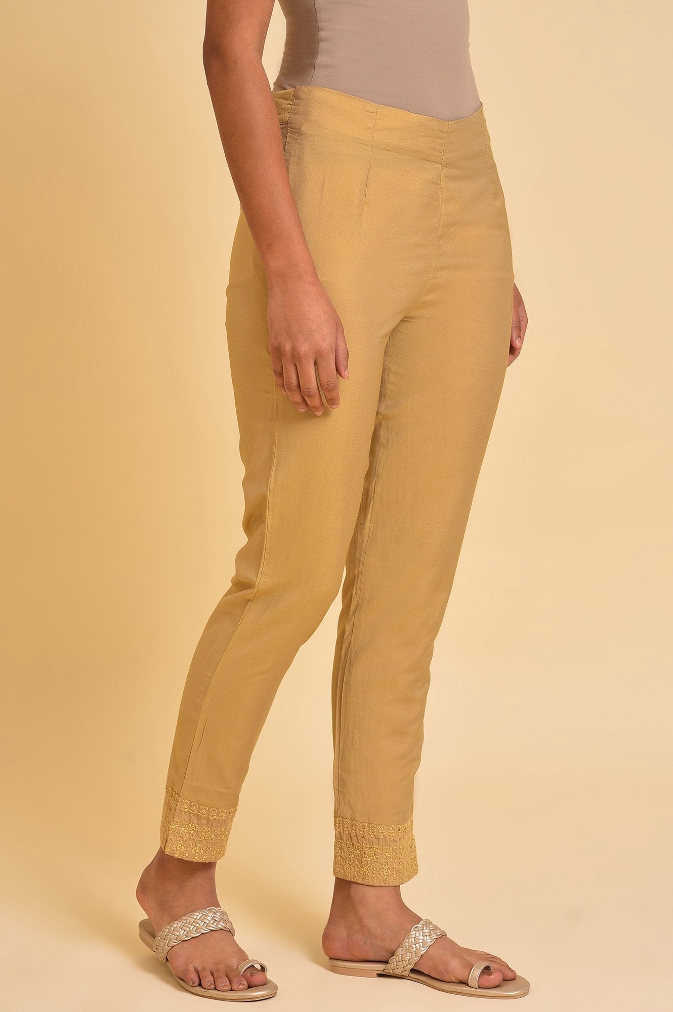 W for Woman Gold Solid Light Festive Slim Pants