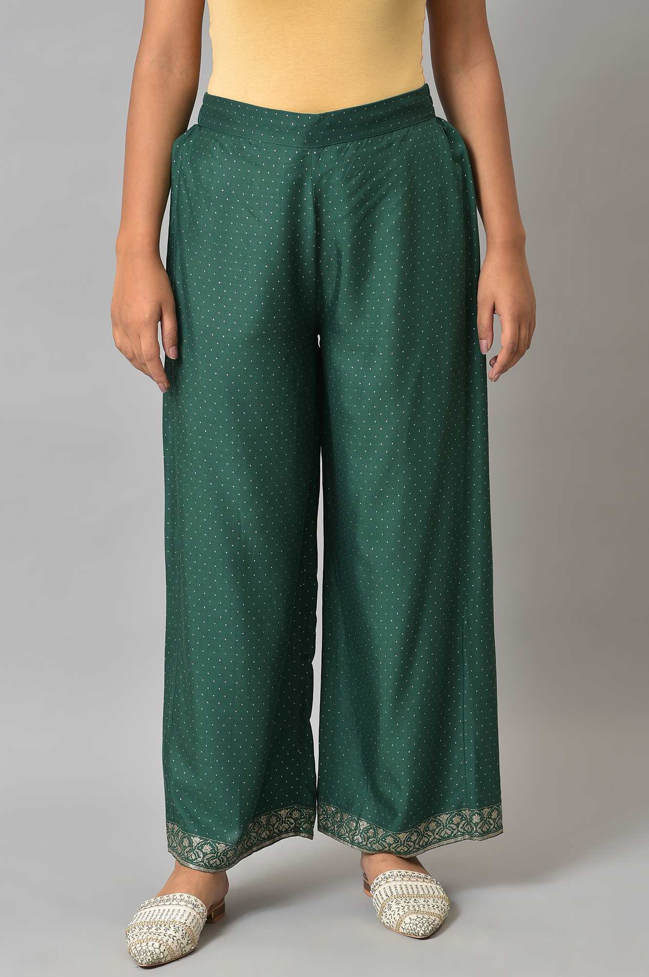 W for Woman Green Glitter Printed Parallel Pants