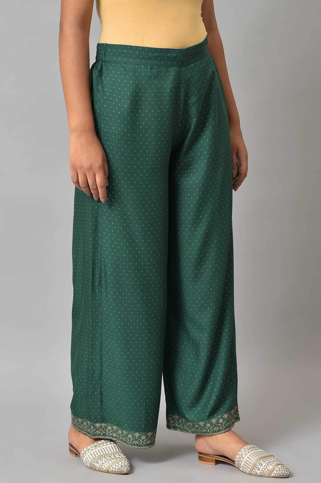 W for Woman Green Glitter Printed Parallel Pants