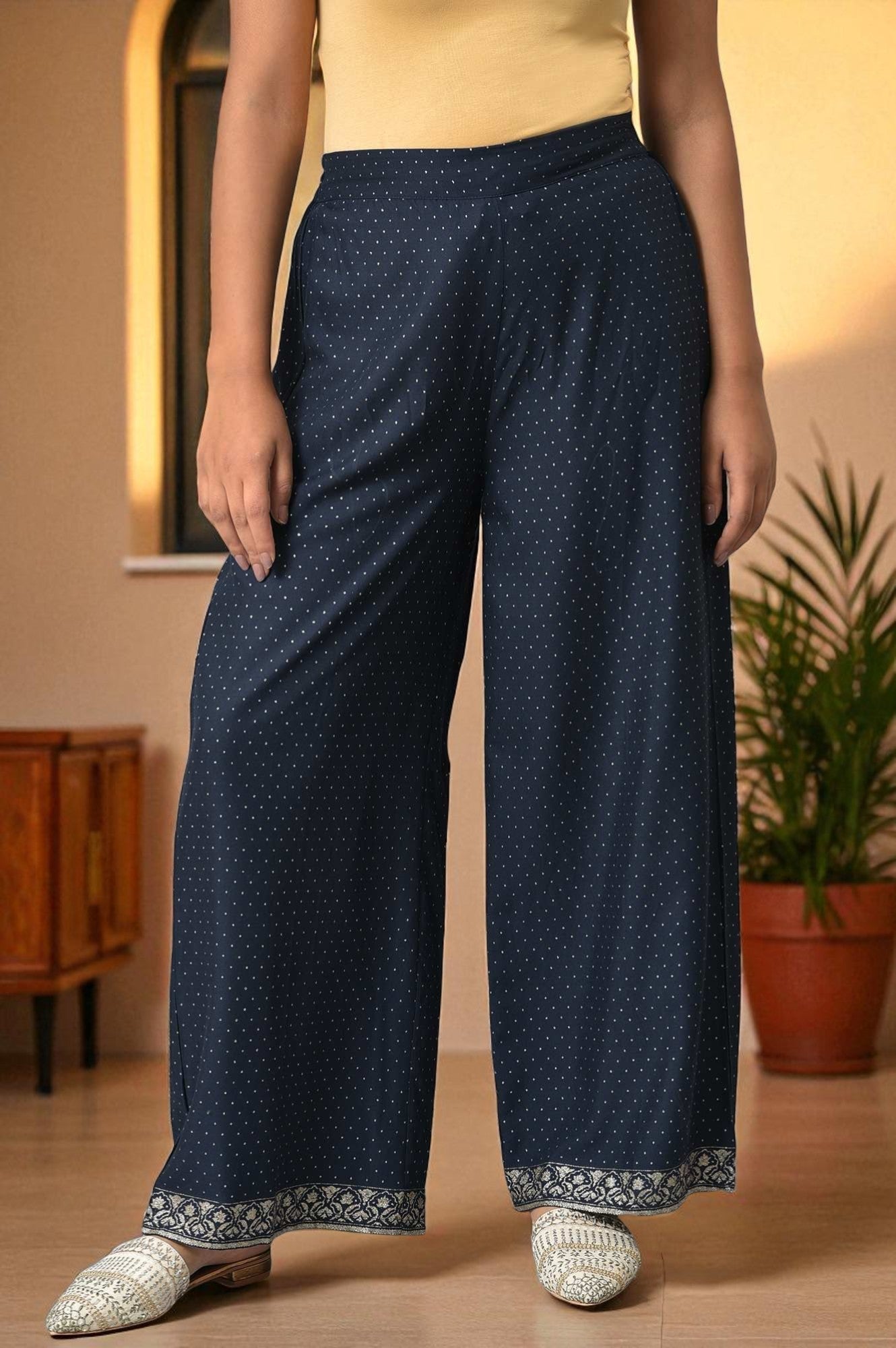 W for Woman Navy Blue Glitter Printed Rayon Parallel Pants