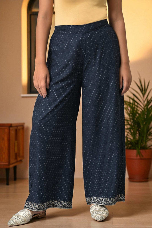 W for Woman Navy Blue Glitter Printed Rayon Parallel Pants