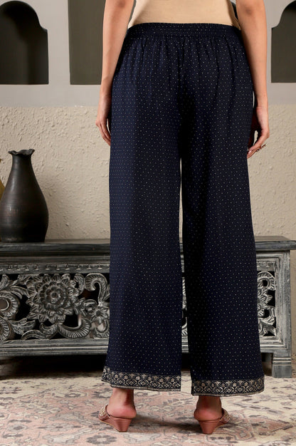 W for Woman Navy Blue Glitter Printed Rayon Parallel Pants