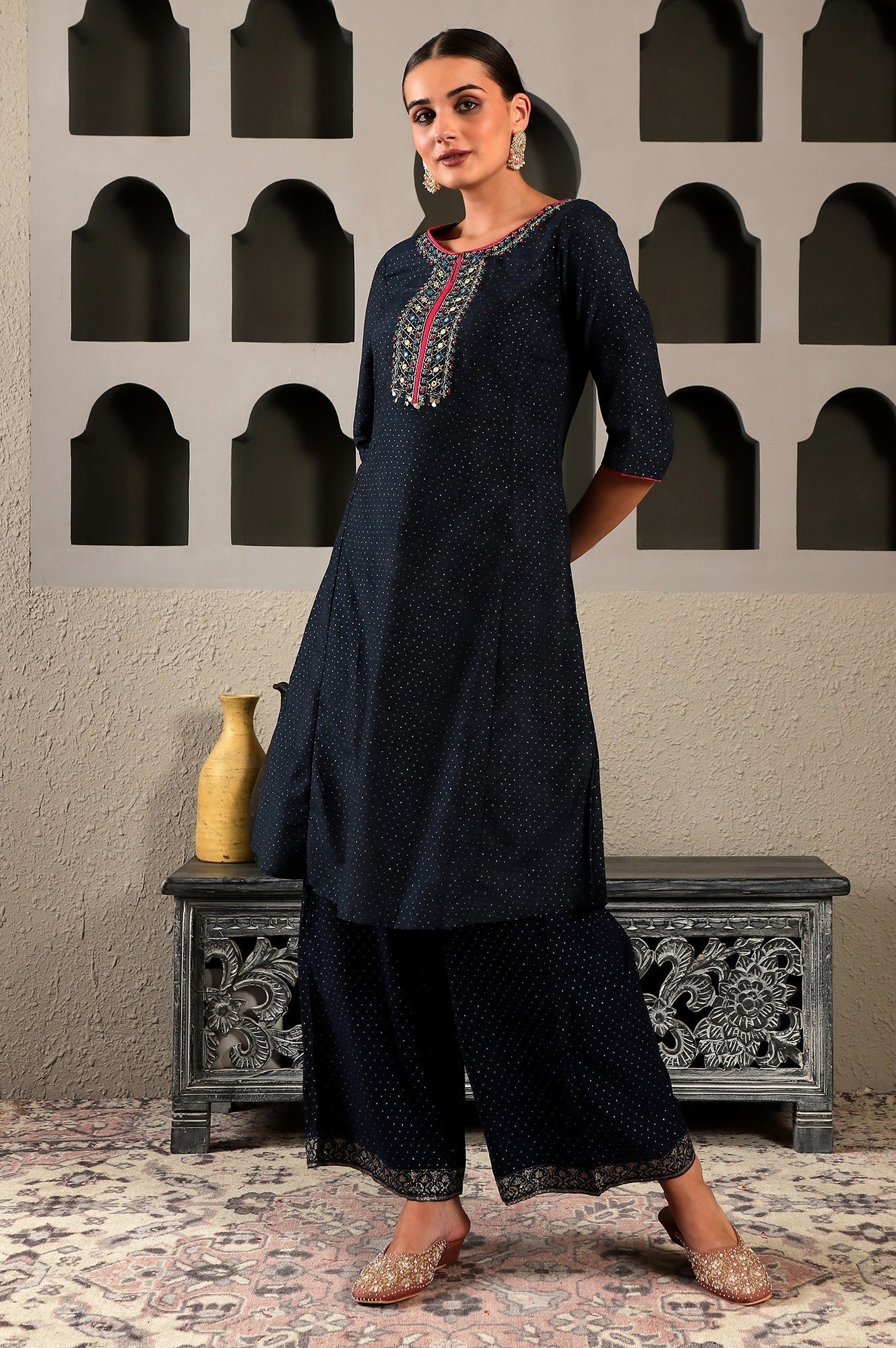 W for Woman Navy Blue Glitter Printed Rayon Parallel Pants