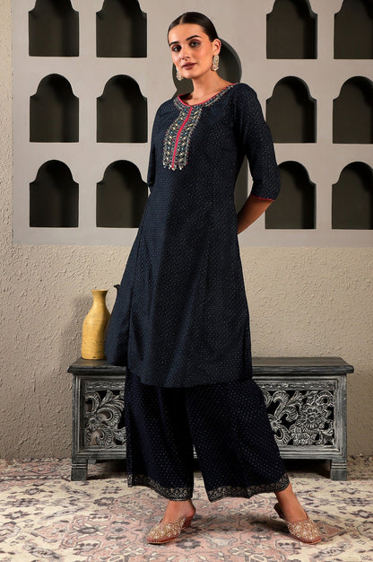 W for Woman Navy Blue Glitter Printed Rayon Parallel Pants