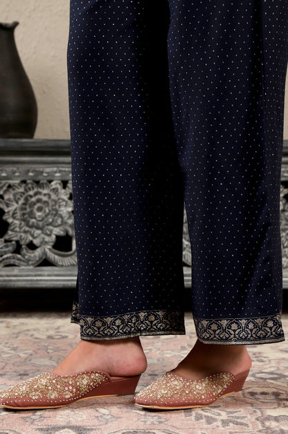W for Woman Navy Blue Glitter Printed Rayon Parallel Pants