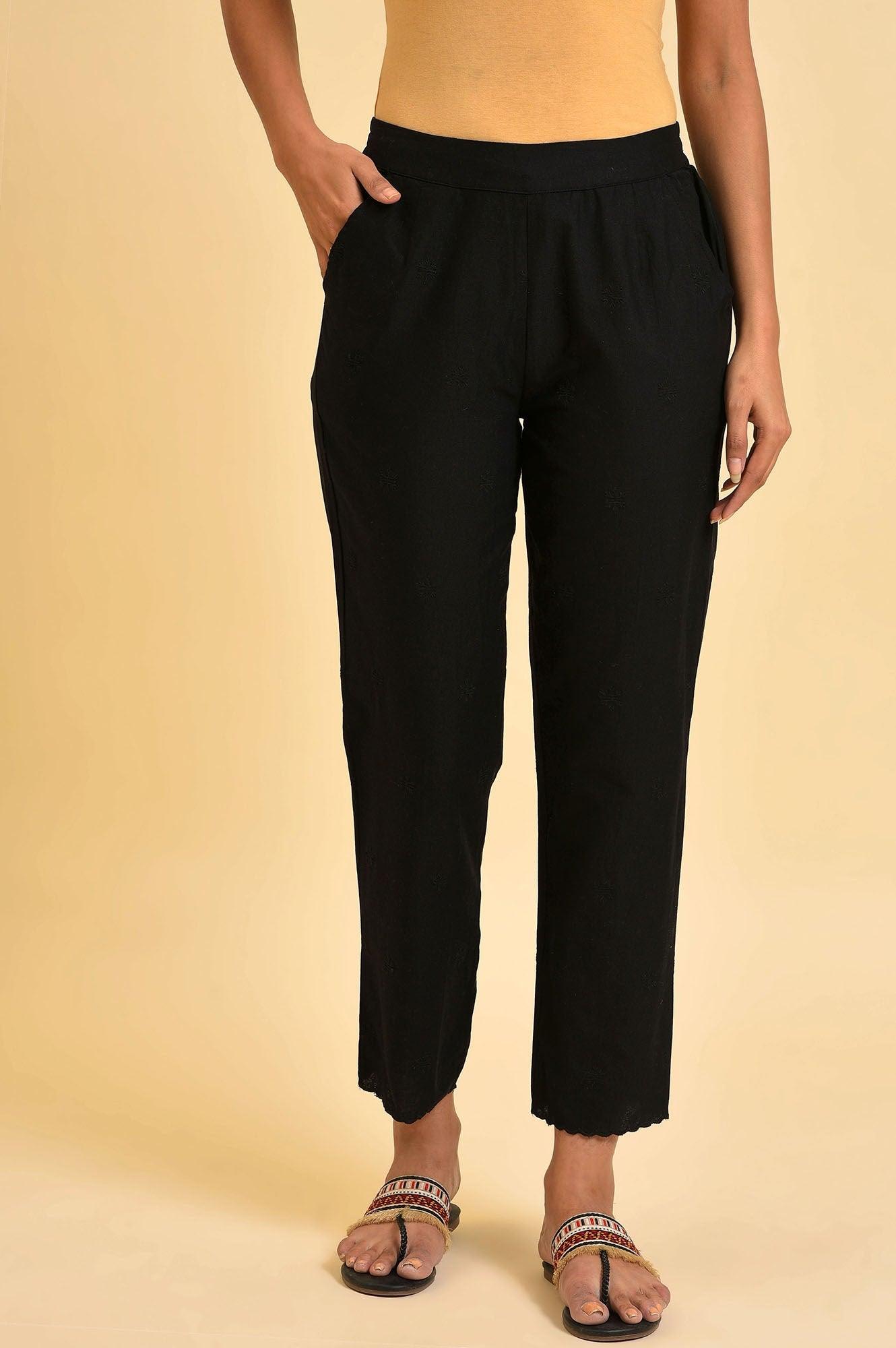 W for Woman Black Straight Pants With Scalloped Hemline