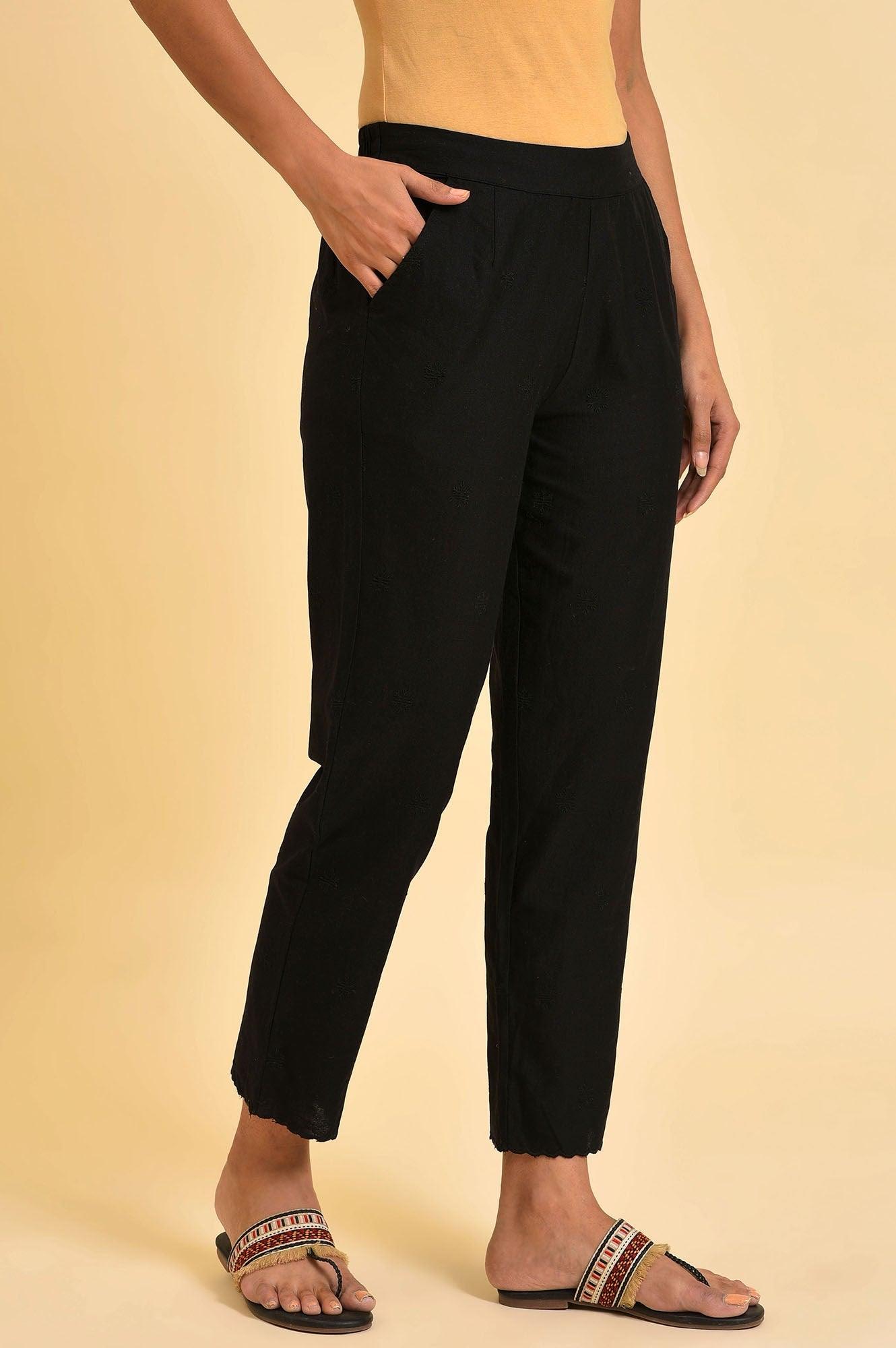 W for Woman Black Straight Pants With Scalloped Hemline