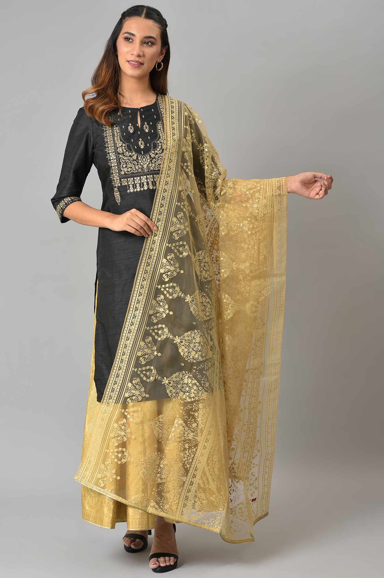 W for Woman Gold Light Festive Brasso Dupatta
