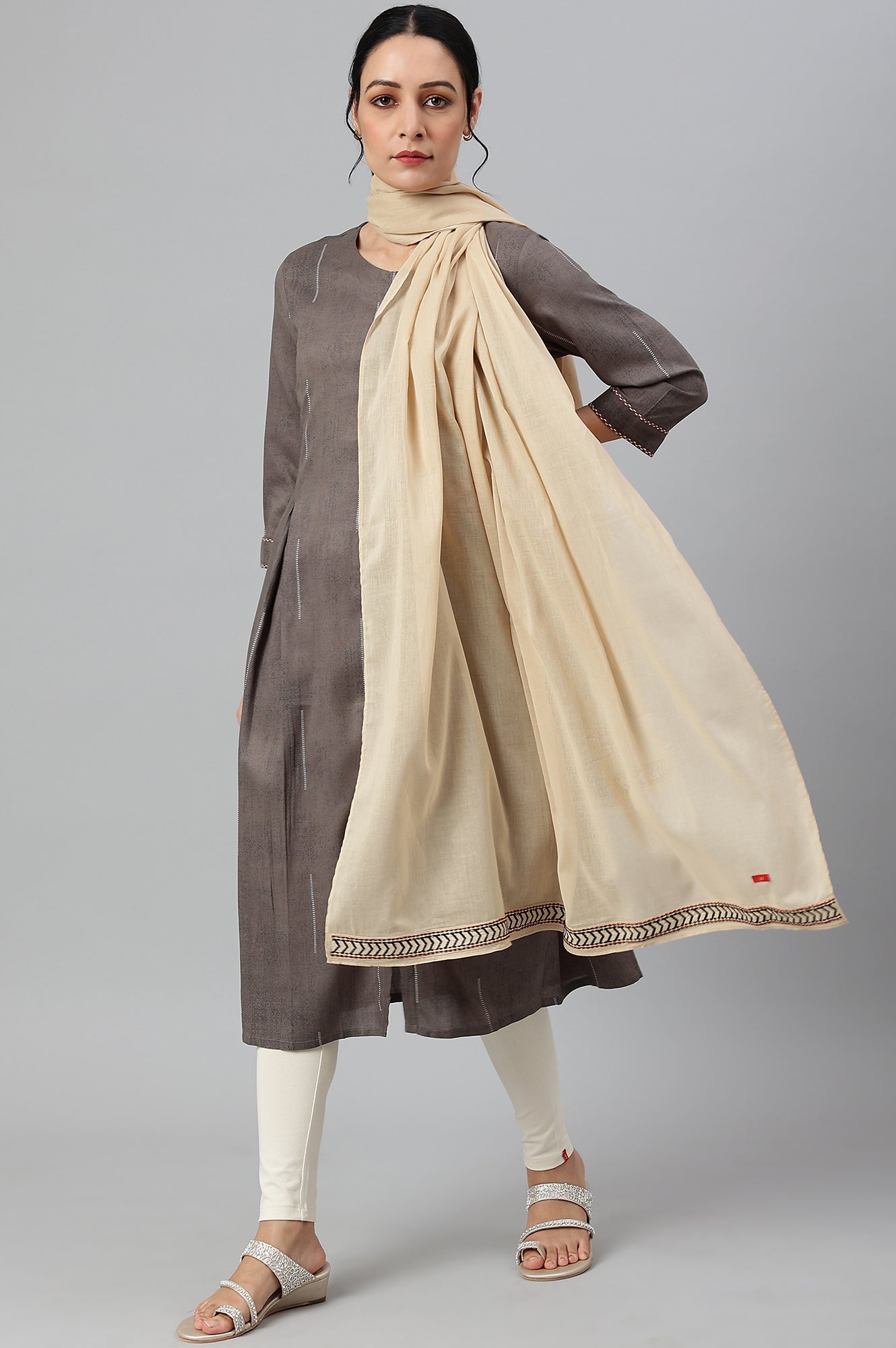 W for Woman Beige Embroidered Cotton Voile Dupatta