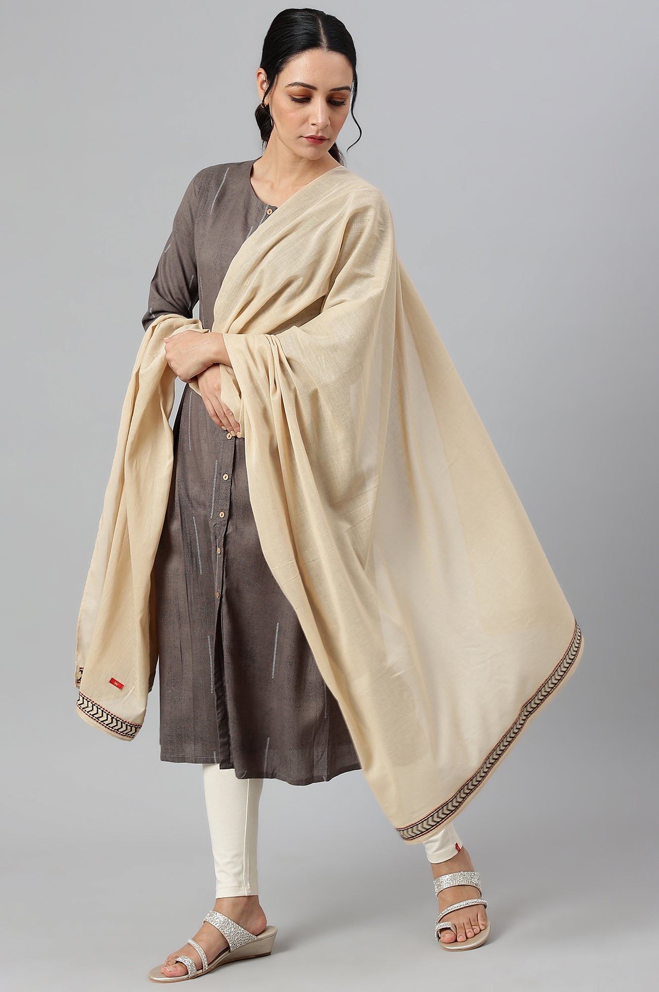 W for Woman Beige Embroidered Cotton Voile Dupatta