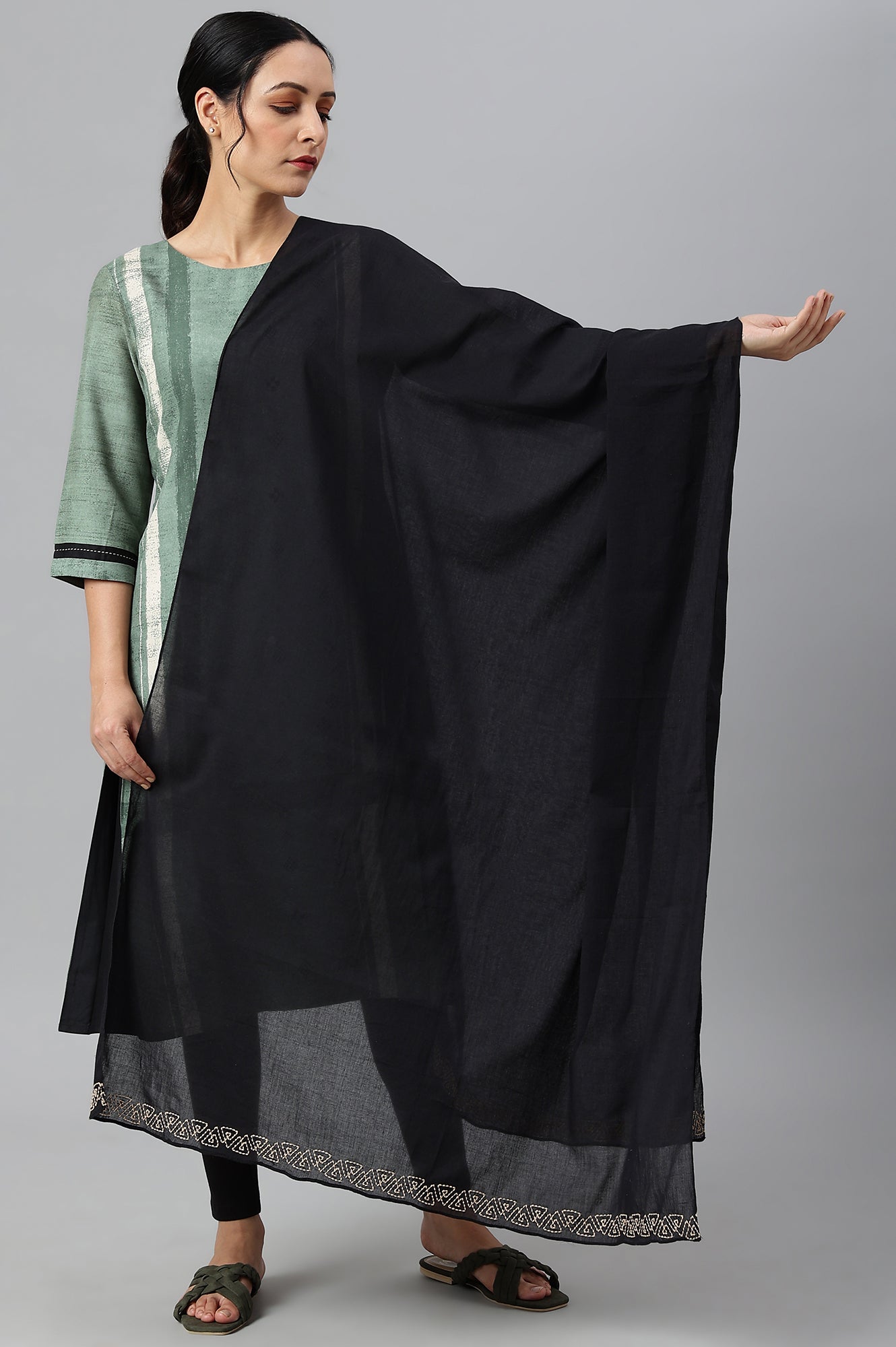 W for Woman Black Embroidered and Patti detail Dupatta