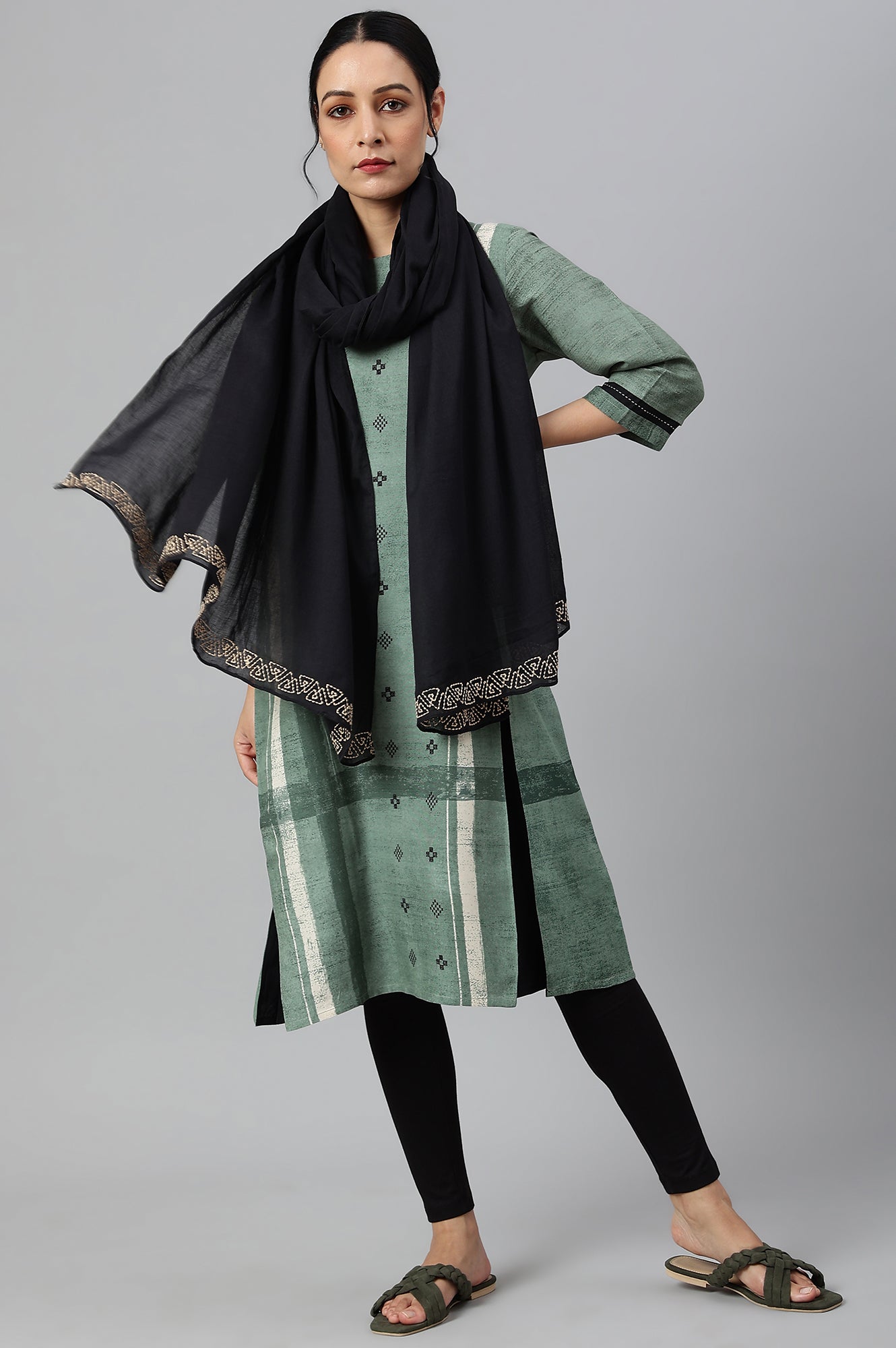 W for Woman Black Embroidered and Patti detail Dupatta