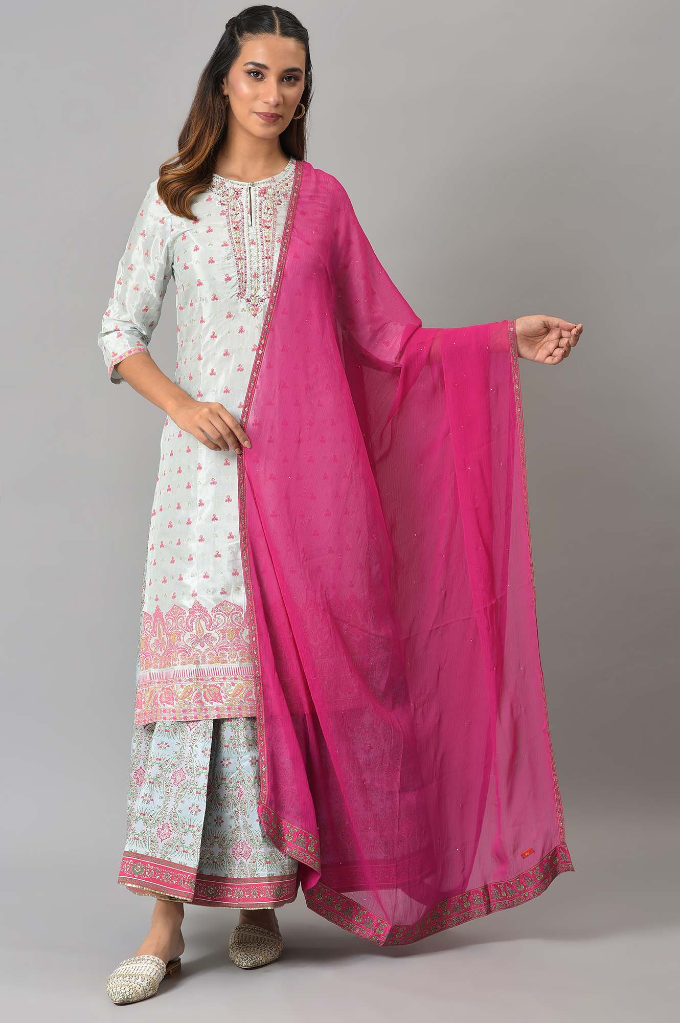 W for Woman Dark Pink Crinckled Chiffon Dupatta With Mukaish