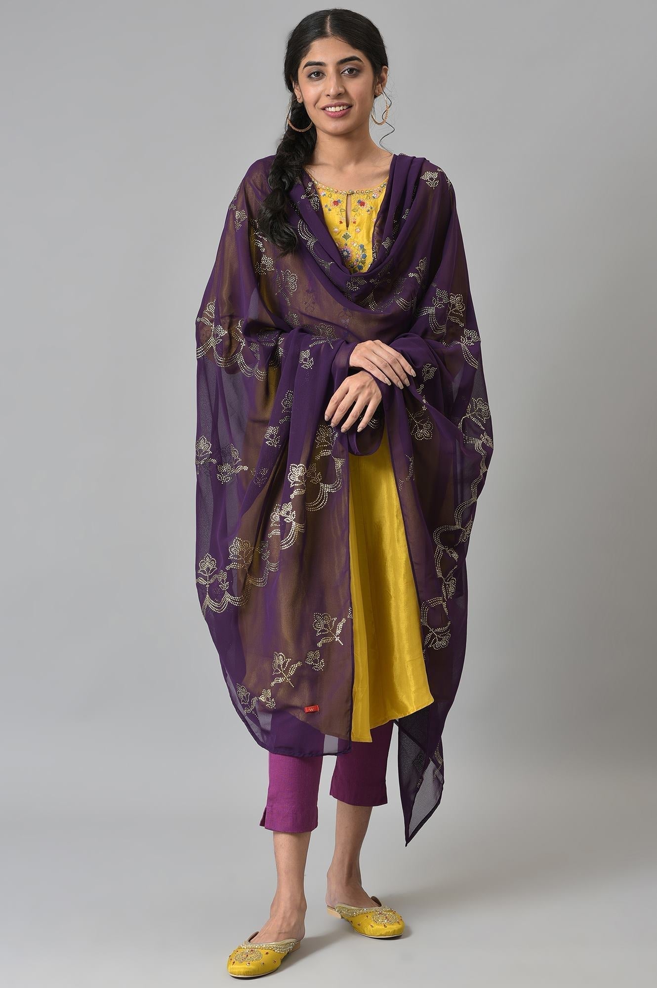 W for Woman Deep Purple Grainy Georgette Mukaish Dupatta