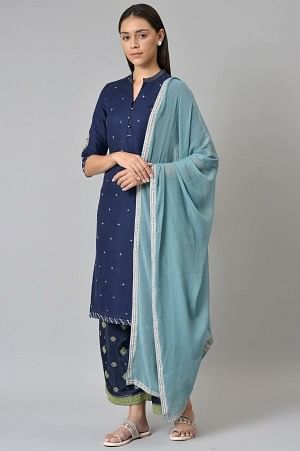 W for Woman Blue Chiffon Dupatta With Printed Border