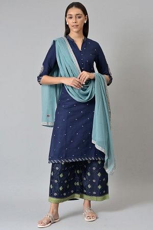 W for Woman Blue Chiffon Dupatta With Printed Border