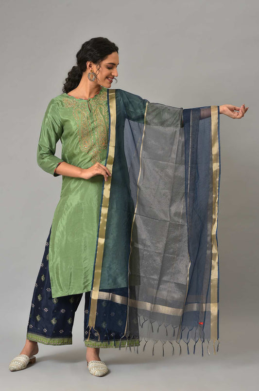 W for Woman Navy Blue Organza Dupatta With Zari Woven