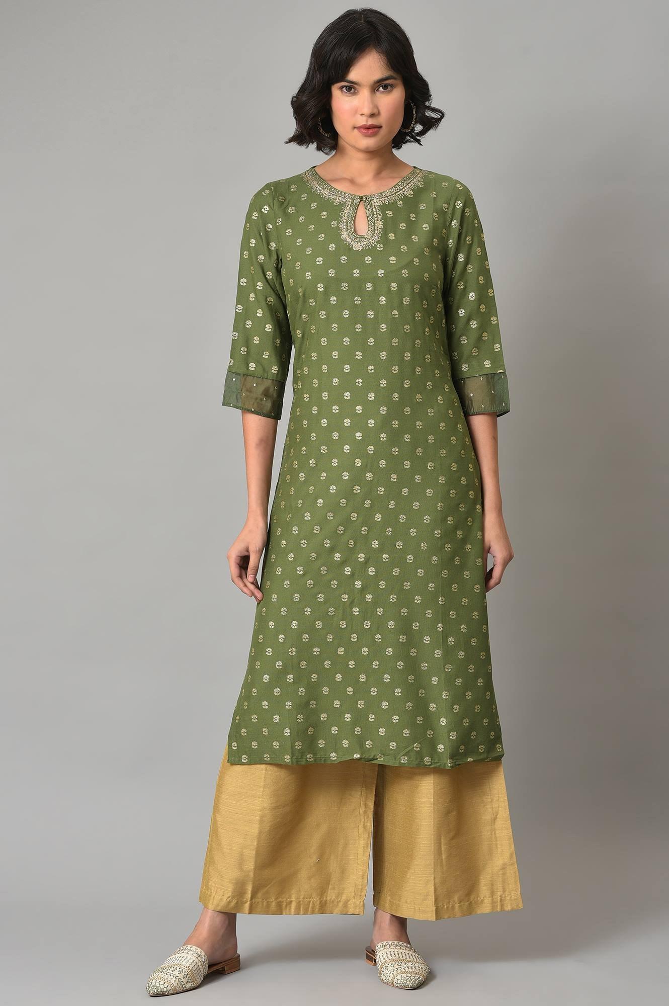 W for Woman Olive Green Embroidered Viscose Blend Kurta with Gold Parallel Pants Set
