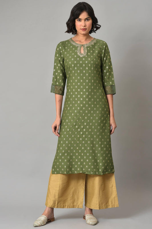W for Woman Olive Green Embroidered Viscose Blend Kurta with Gold Parallel Pants Set