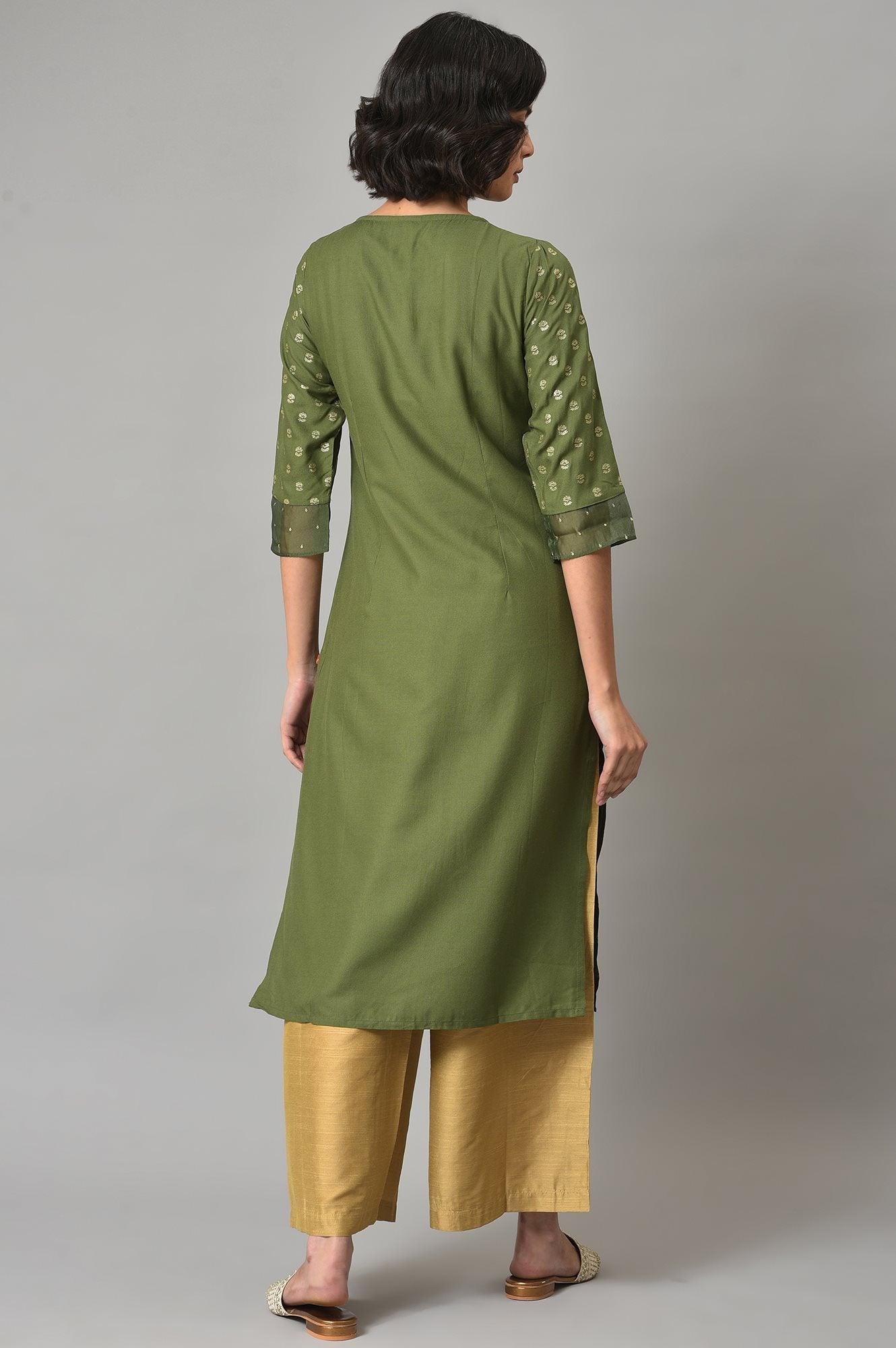 W for Woman Olive Green Embroidered Viscose Blend Kurta with Gold Parallel Pants Set