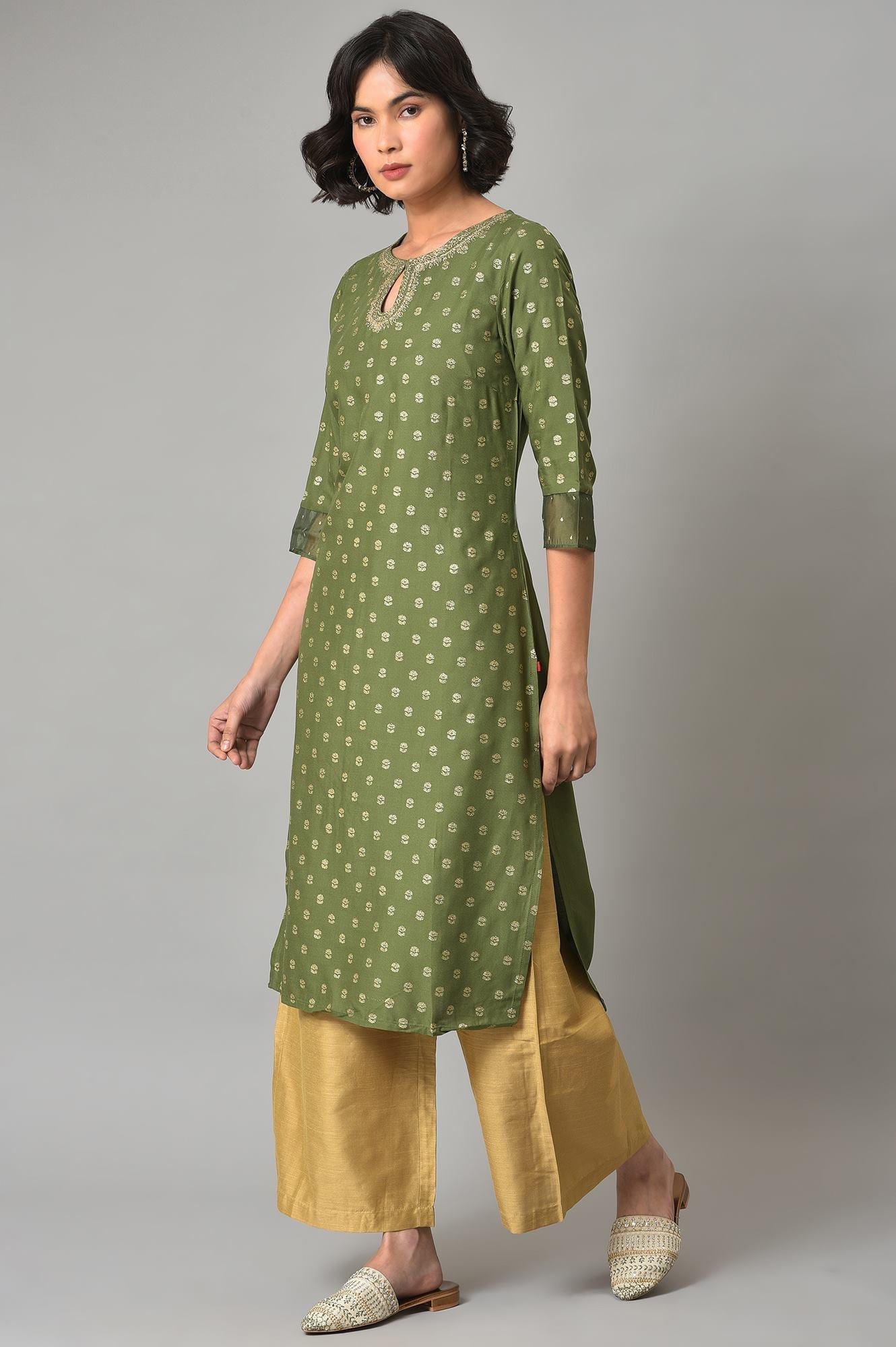 W for Woman Olive Green Embroidered Viscose Blend Kurta with Gold Parallel Pants Set
