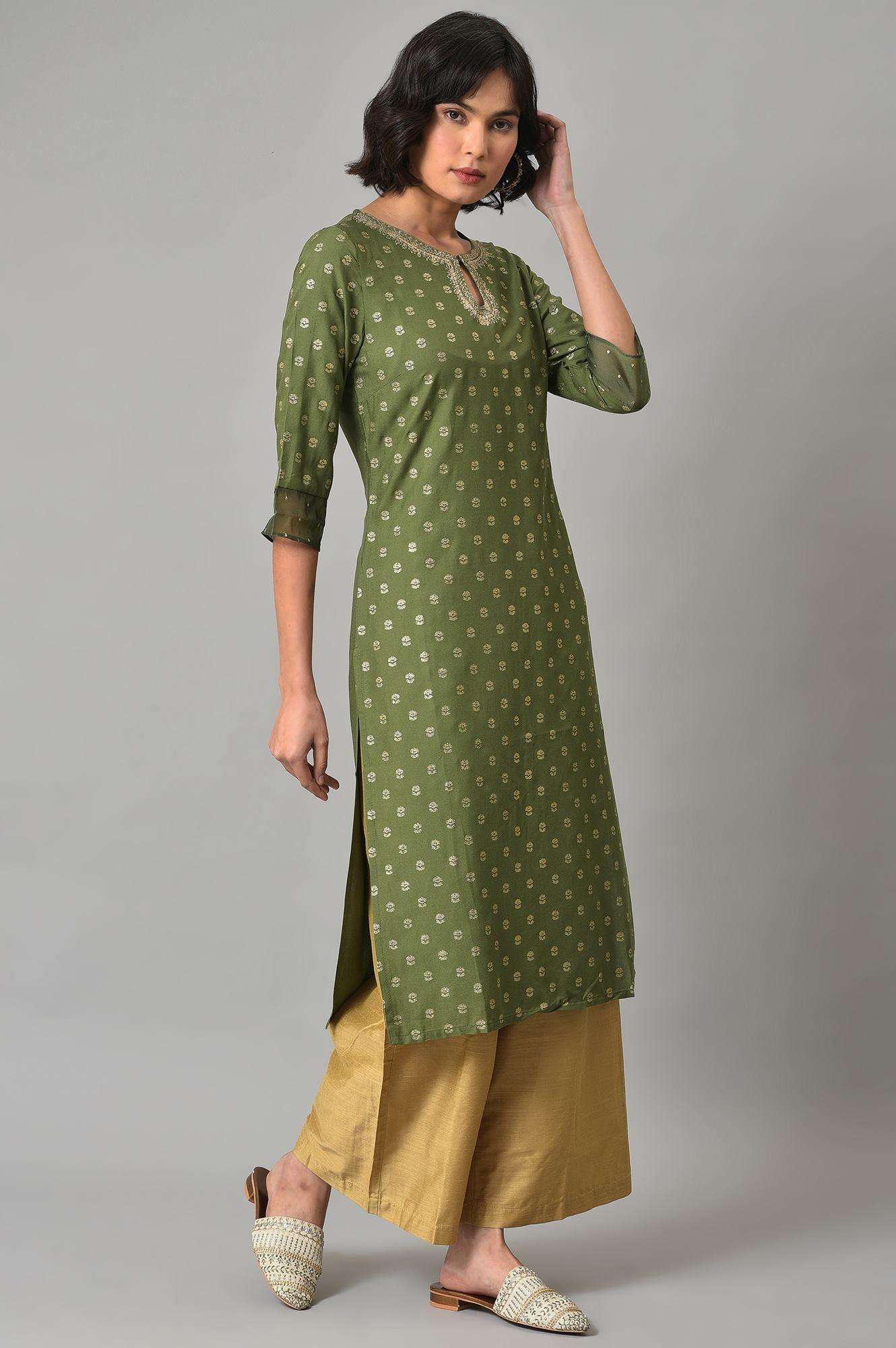 W for Woman Olive Green Embroidered Viscose Blend Kurta with Gold Parallel Pants Set