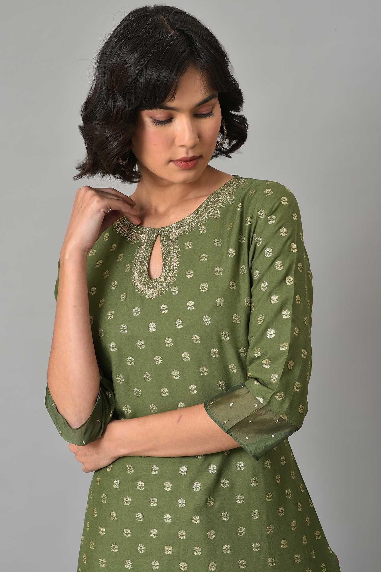 W for Woman Olive Green Embroidered Viscose Blend Kurta with Gold Parallel Pants Set