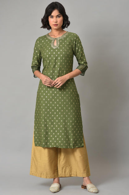 W for Woman Olive Green Embroidered Viscose Blend Kurta with Gold Parallel Pants Set