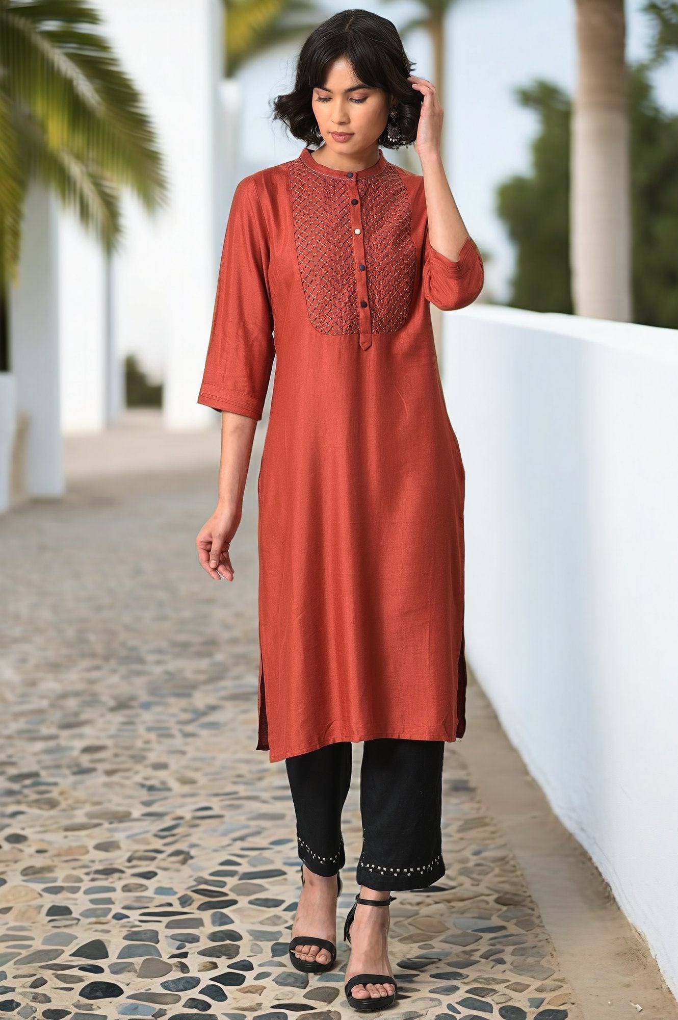 W for Woman Brick Red Thread Embroidered Kurta Set with Black Pants