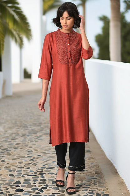 W for Woman Brick Red Thread Embroidered Kurta Set with Black Pants