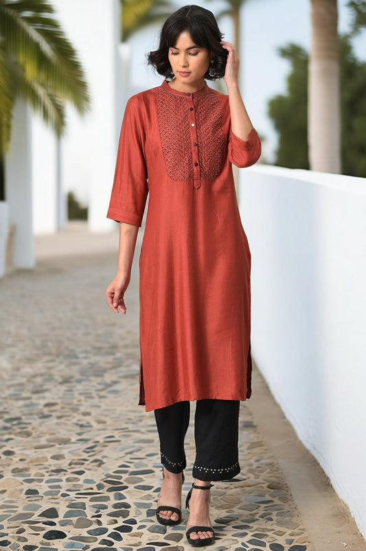 W for Woman Brick Red Thread Embroidered Kurta Set with Black Pants