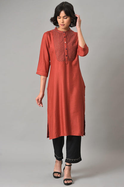 W for Woman Brick Red Thread Embroidered Kurta Set with Black Pants
