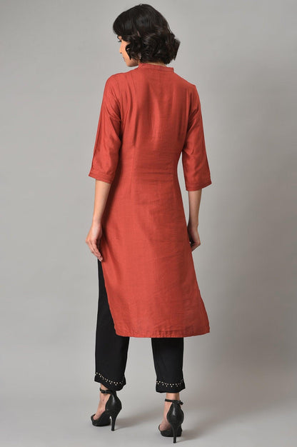 W for Woman Brick Red Thread Embroidered Kurta Set with Black Pants