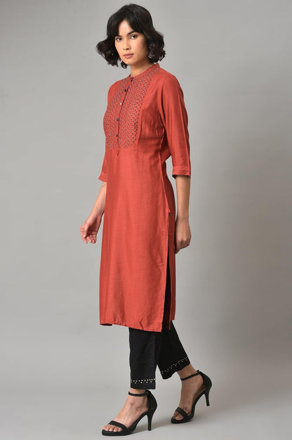 W for Woman Brick Red Thread Embroidered Kurta Set with Black Pants