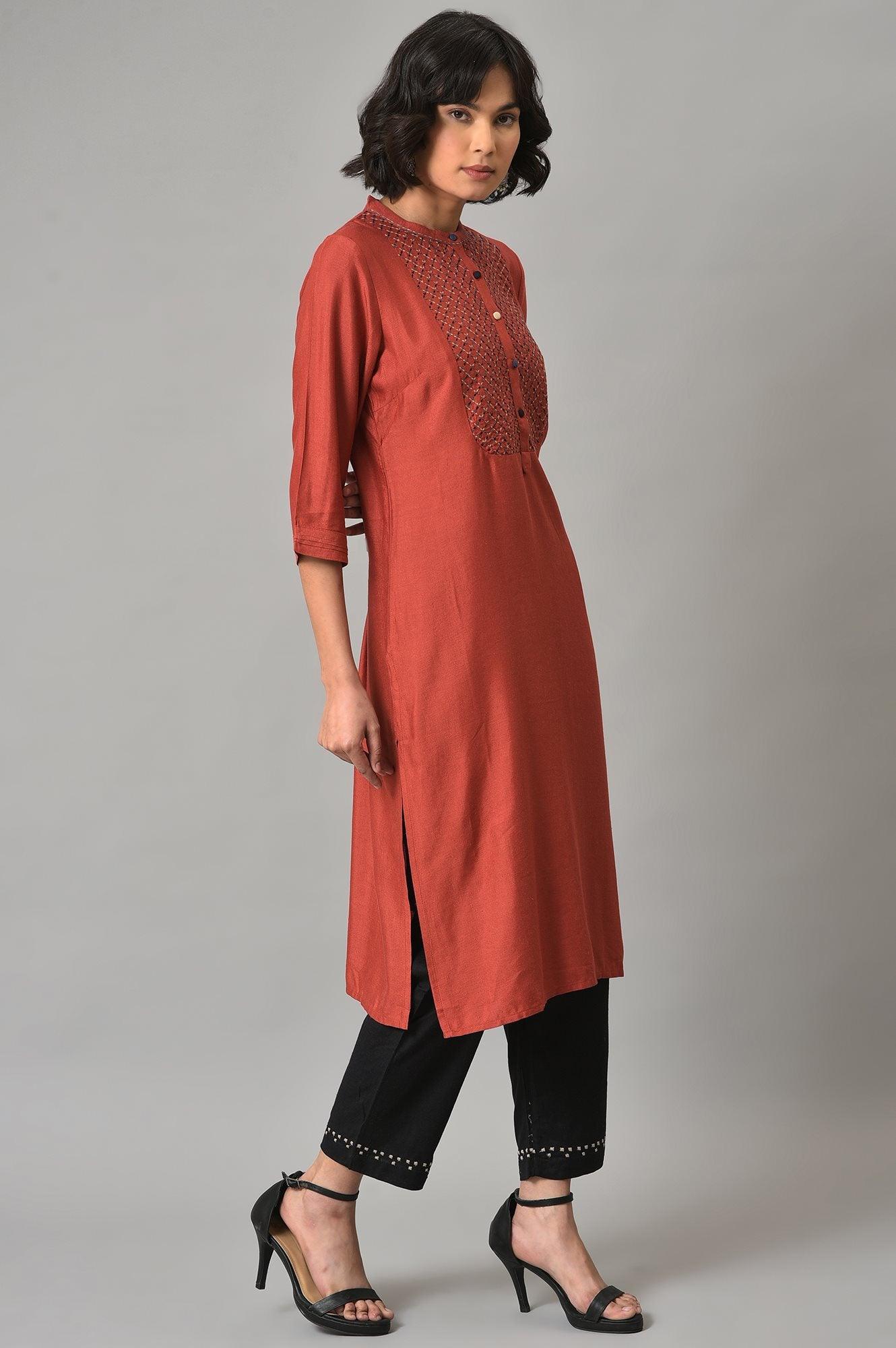 W for Woman Brick Red Thread Embroidered Kurta Set with Black Pants