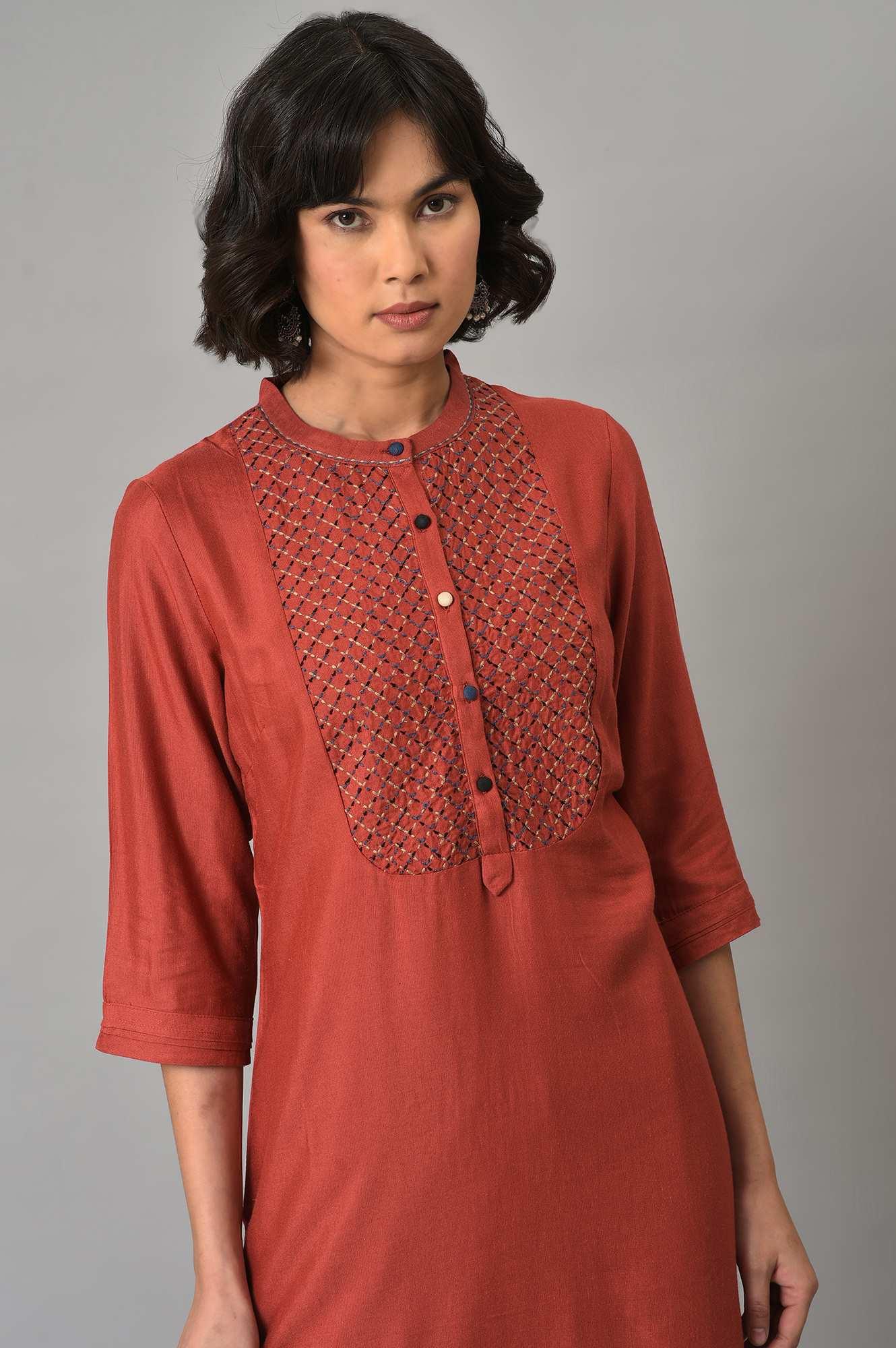 W for Woman Brick Red Thread Embroidered Kurta Set with Black Pants