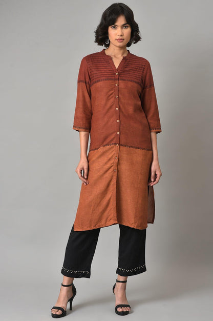 W for Woman Red Printed Mandarin Collar kurta With Black Straight Pants