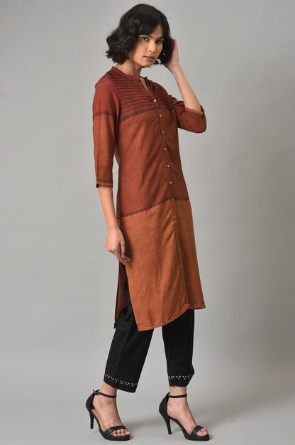 W for Woman Red Printed Mandarin Collar kurta With Black Straight Pants