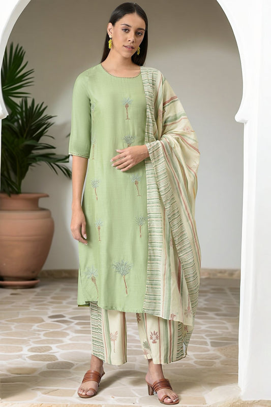 W for Woman Light Green Embroidered Straight Kurta with Printed Parallel Pants and Dupatta Set