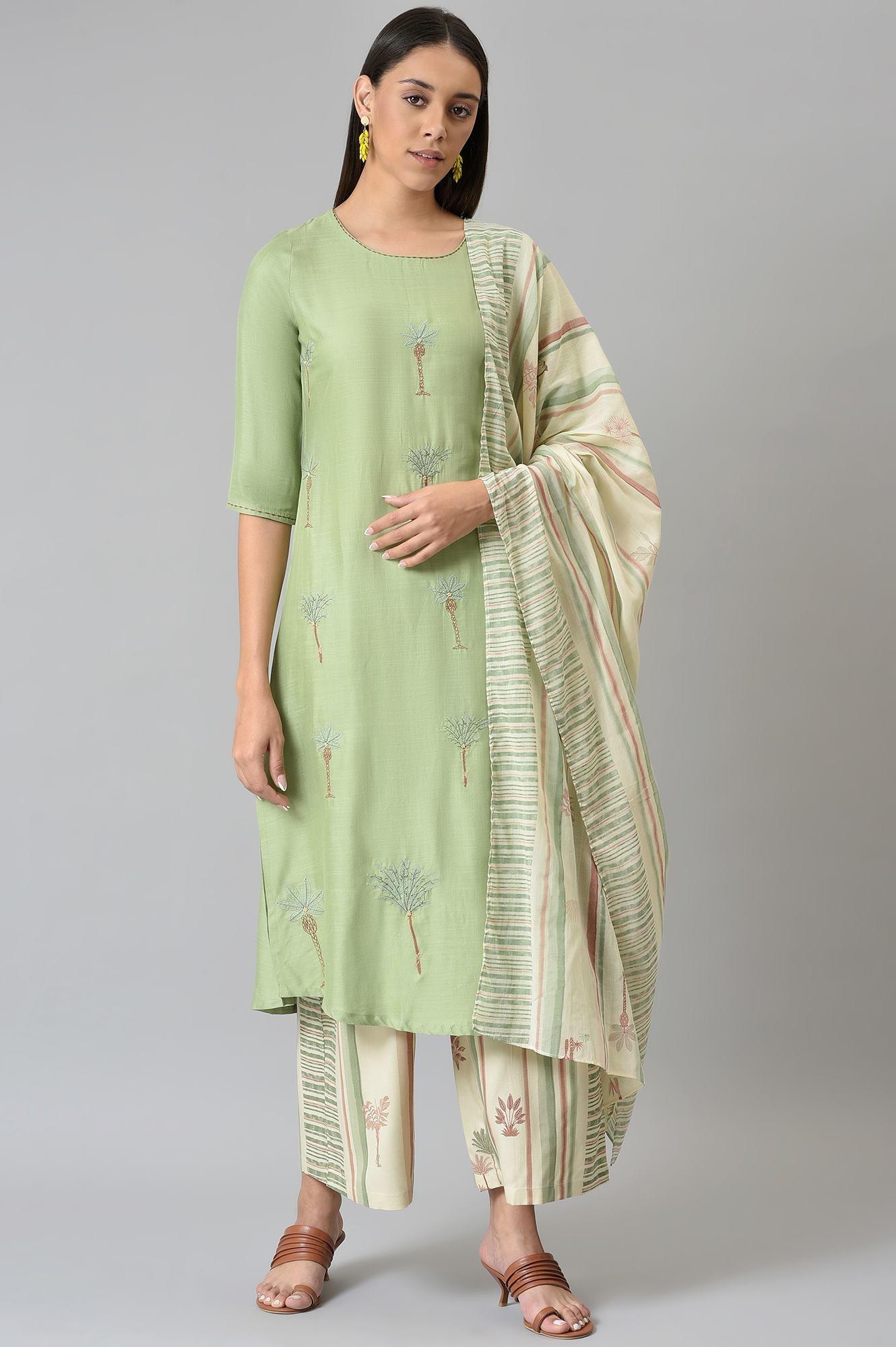 W for Woman Light Green Embroidered Straight Kurta with Printed Parallel Pants and Dupatta Set