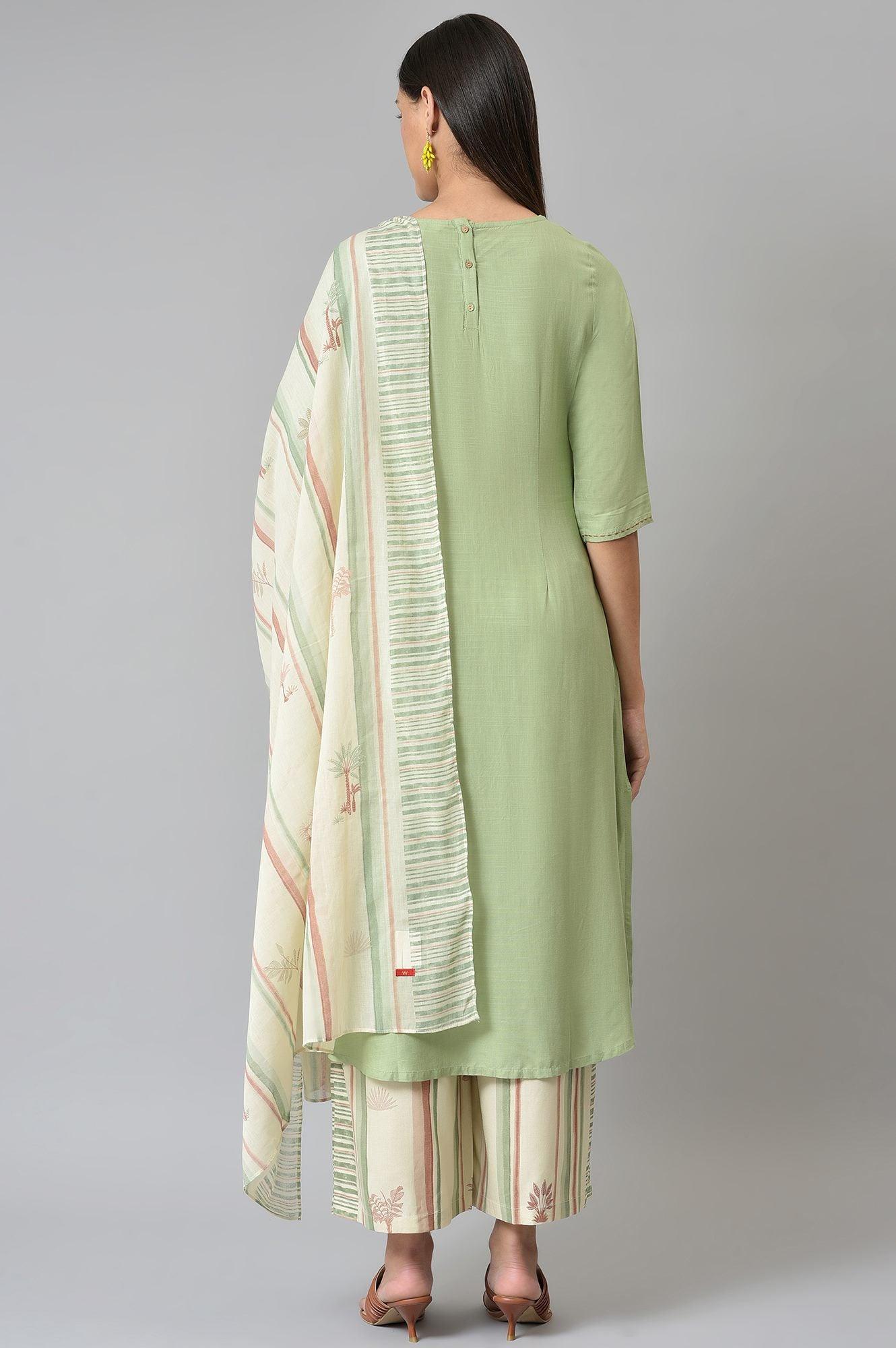 W for Woman Light Green Embroidered Straight Kurta with Printed Parallel Pants and Dupatta Set