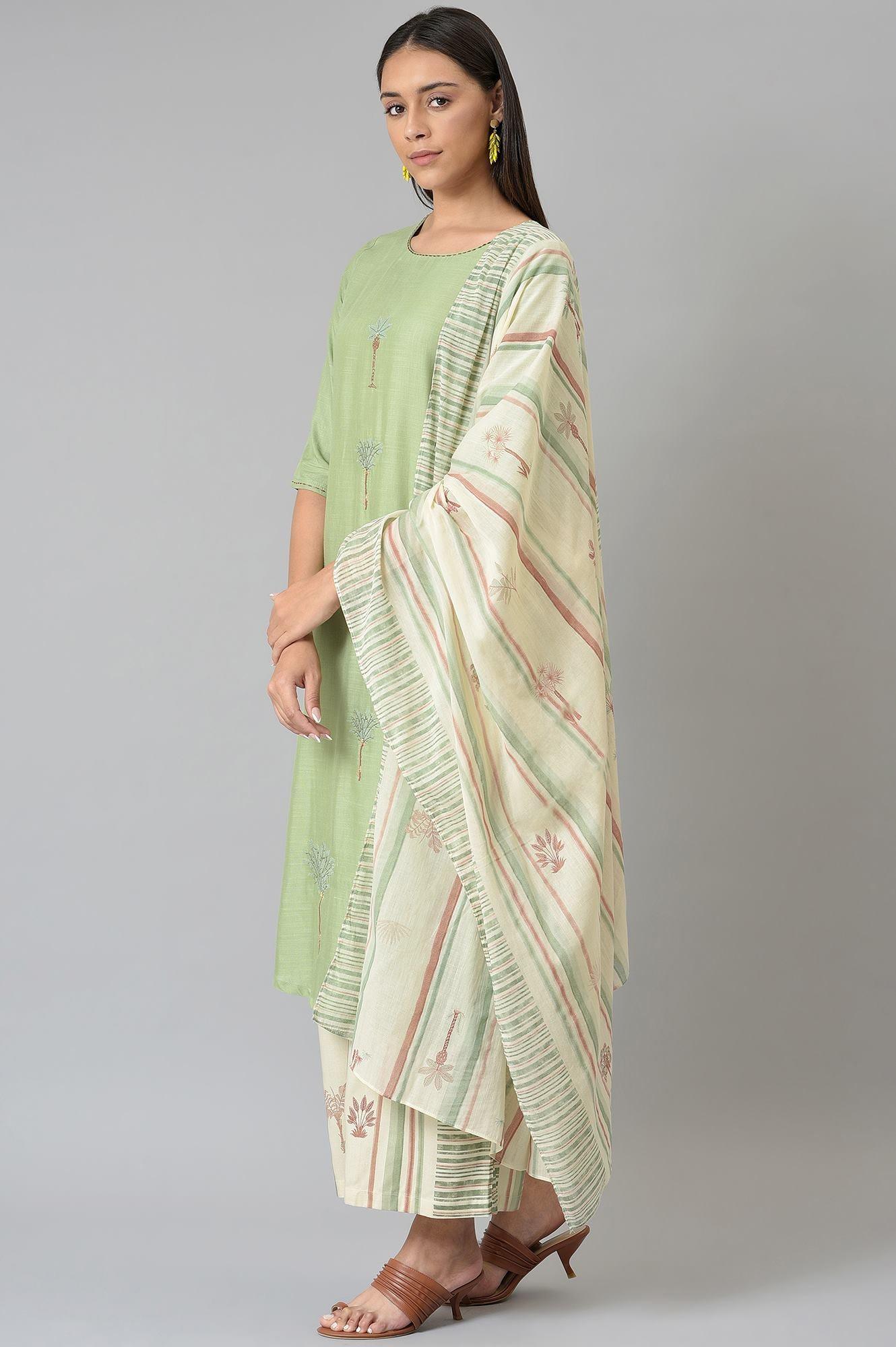 W for Woman Light Green Embroidered Straight Kurta with Printed Parallel Pants and Dupatta Set