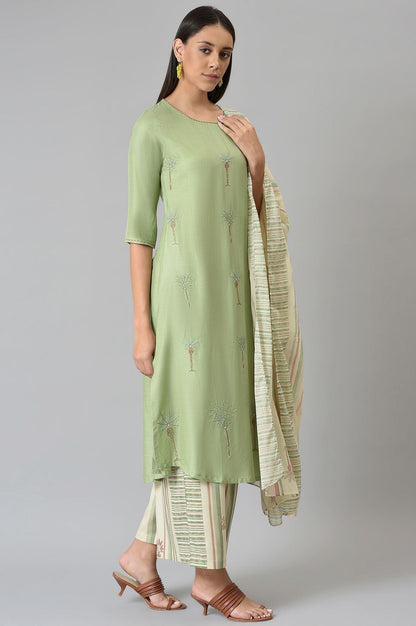 W for Woman Light Green Embroidered Straight Kurta with Printed Parallel Pants and Dupatta Set